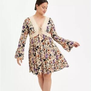 Torrid Boho Floral Gauze Crochet Lace Up Skater Dress Size 22 3X Plus